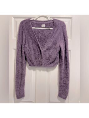 Aritzia Sunday Best Reese Cardigan Fluffy V-Neck Cropped Sweater Purple Size XL